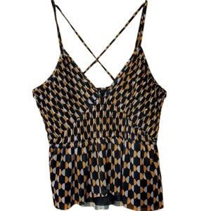 Anthropologie Mesh Blue Motif Polka Dot‎ Smocked Strappy Tank Top Size Medium